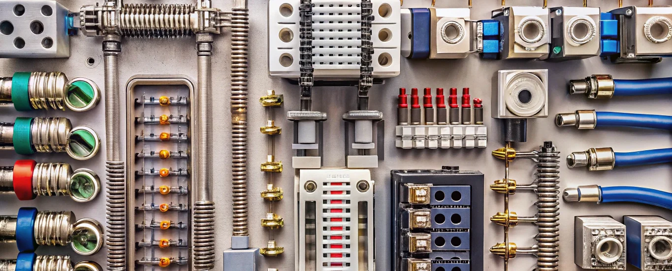 cuadrícula de conectores eléctricos industriales que incluye pernos divididos, empalmes IDC de telecomunicaciones, conectores de pin y casquillo para sistemas de energía