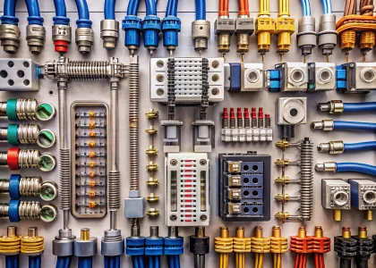 cuadrícula de conectores eléctricos industriales que incluye pernos divididos, empalmes IDC de telecomunicaciones, conectores de pin y casquillo para sistemas de energía