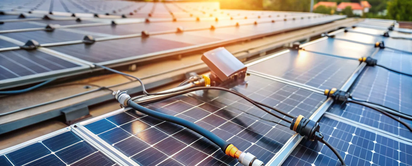 Close-up of solar panel wiring and connectors on a rooftop, highlighting professional termination for maximum efficiency.