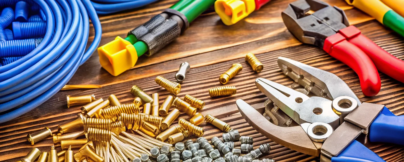 close-up of various electrical connectors and tools for installation on a workbench