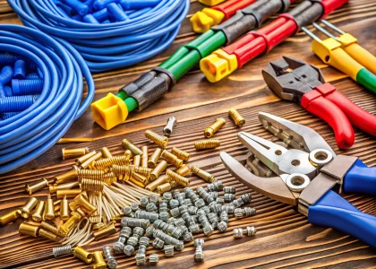 close-up of various electrical connectors and tools for installation on a workbench