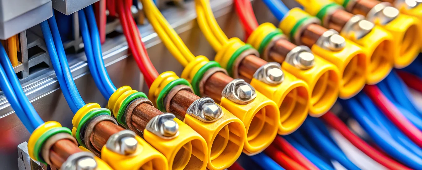 Various colored wire nuts connecting copper wires in an electrical junction box