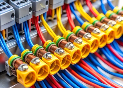 Various colored wire nuts connecting copper wires in an electrical junction box