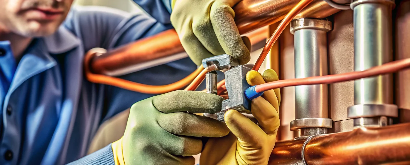 Electrician tightening a copper split-bolt connector with a torque wrench on grounding conductor for reliable electrical grounding installation