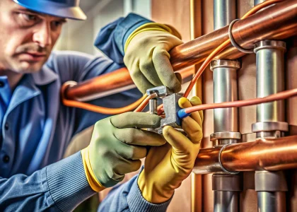 Electrician tightening a copper split-bolt connector with a torque wrench on grounding conductor for reliable electrical grounding installation