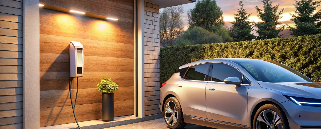 EV charger installation in a modern home garage with home EV charger plugged into electric vehicle