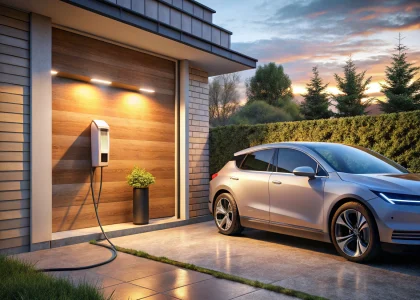 EV charger installation in a modern home garage with home EV charger plugged into electric vehicle