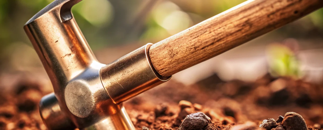 Close-up of a solid copper grounding rod installation in soil with hammer driver, highlighting ground rods and grounding safety