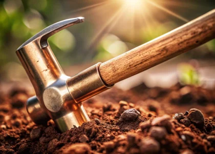 Close-up of a solid copper grounding rod installation in soil with hammer driver, highlighting ground rods and grounding safety