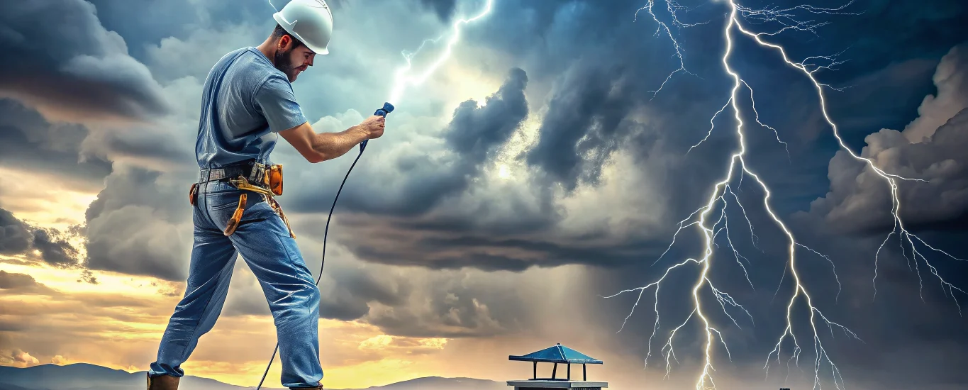 Technician installing grounding electrode and lightning protection system on rooftop with stormy sky background, lightning protection system installation, grounding electrode connection, safety best practices