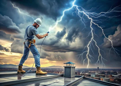 Technician installing grounding electrode and lightning protection system on rooftop with stormy sky background, lightning protection system installation, grounding electrode connection, safety best practices