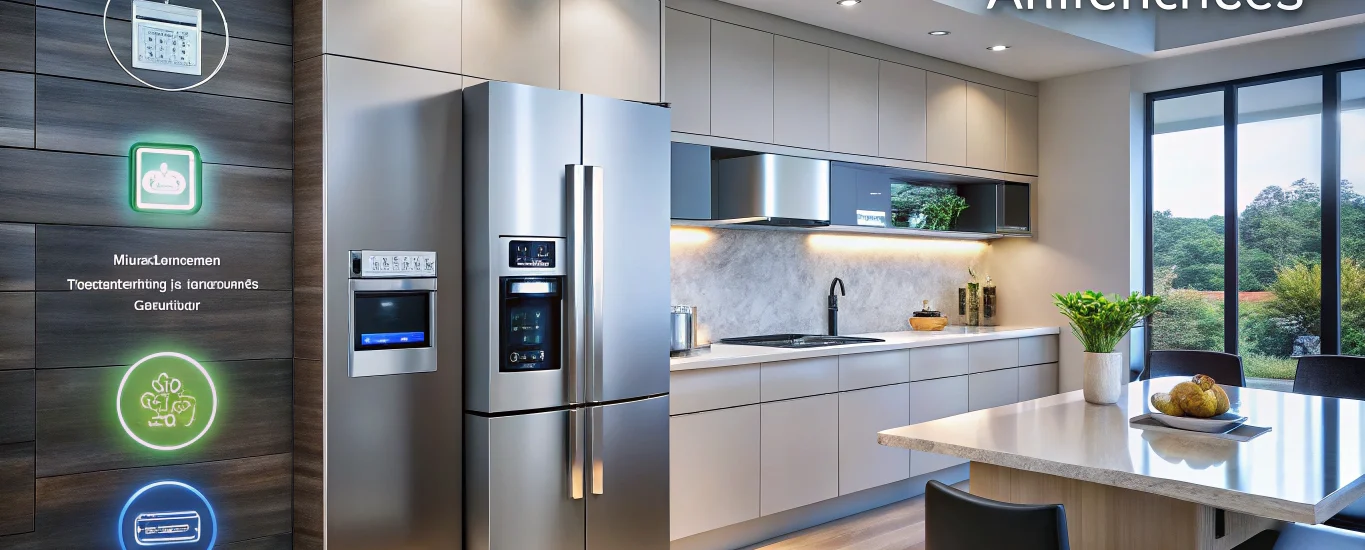Modern smart home interior showcasing Edge AI home appliances, including a smart refrigerator, voice-enabled security system, and energy-efficient lighting