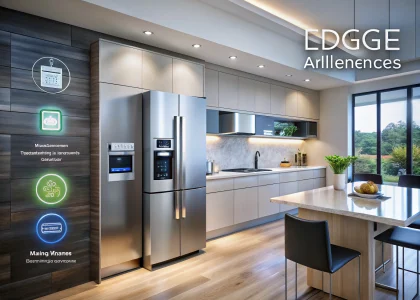 Modern smart home interior showcasing Edge AI home appliances, including a smart refrigerator, voice-enabled security system, and energy-efficient lighting