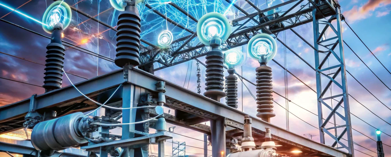 Sensor-equipped clamps on high-voltage power lines with digital analytics overlay illustrating IoT-driven predictive maintenance in power distribution networks