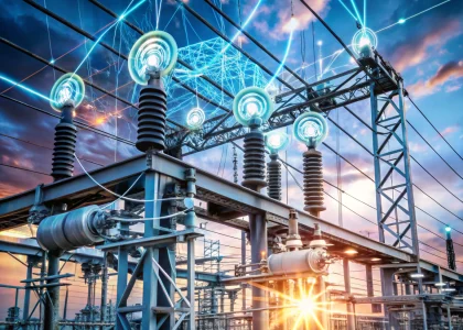 Sensor-equipped clamps on high-voltage power lines with digital analytics overlay illustrating IoT-driven predictive maintenance in power distribution networks
