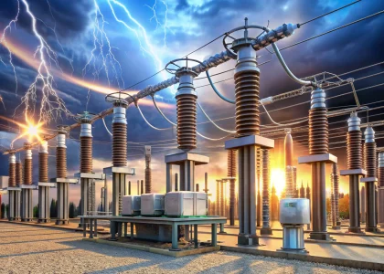 Industrial surge protection with hybrid lightning arrester and advanced grounding rods in a power substation