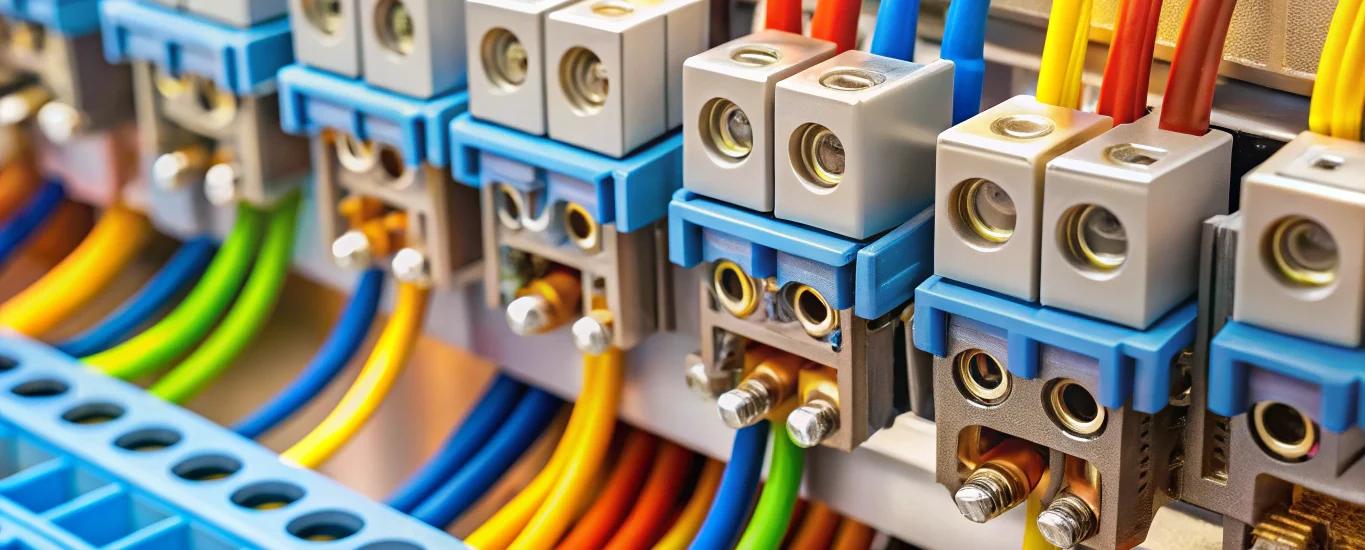 Close-up of electrical connectors on a power rail with vibrant insulated wires and precise metal contacts