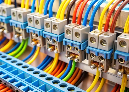 Close-up of electrical connectors on a power rail with vibrant insulated wires and precise metal contacts