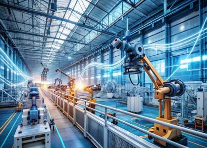Industrial cable manufacturing robots with AI-driven predictive maintenance analytics dashboard
