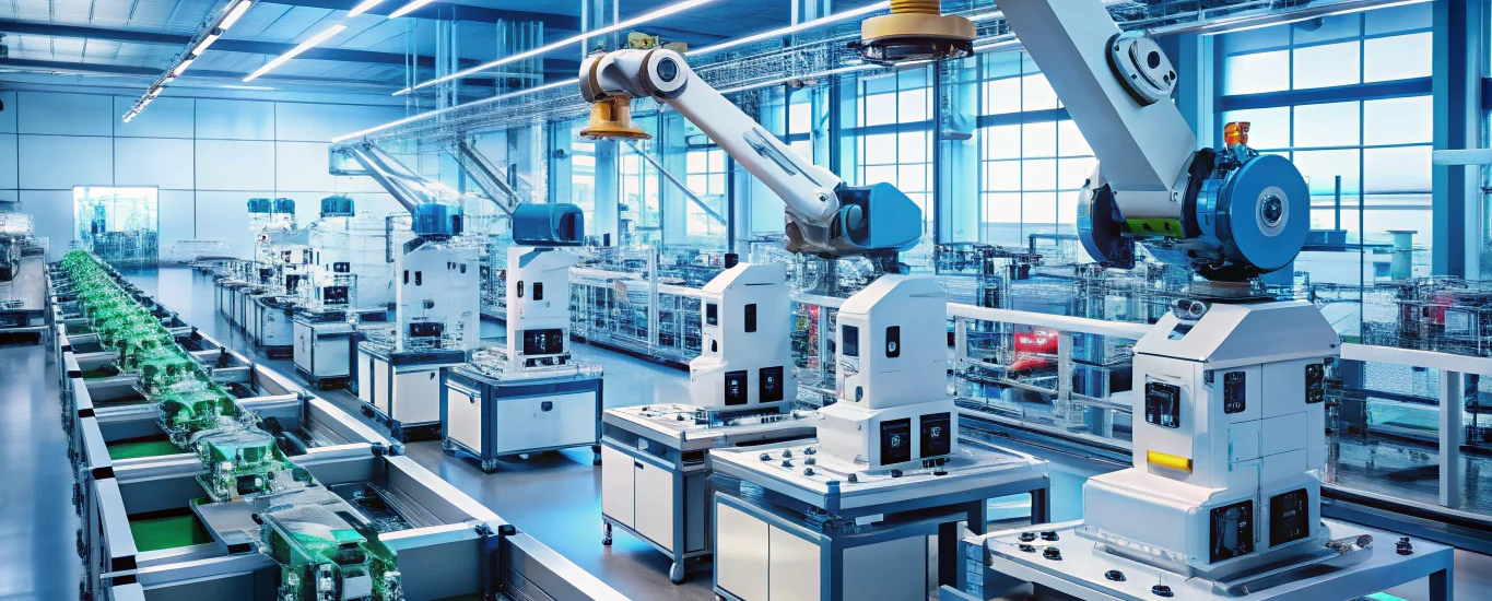 AI-driven electronics manufacturing with robotic quality inspection, 3D printed components, and sustainable materials in a smart IoT factory