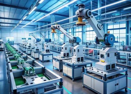 AI-driven electronics manufacturing with robotic quality inspection, 3D printed components, and sustainable materials in a smart IoT factory