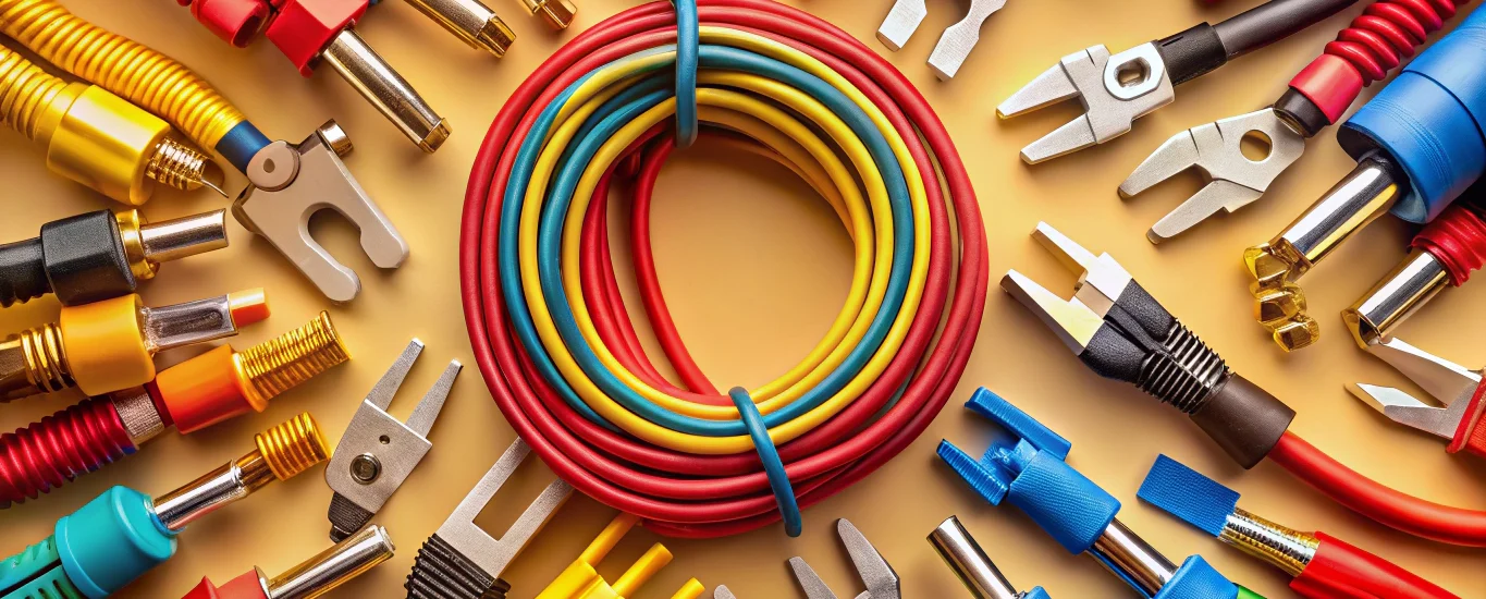 assortment of wire connectors and clamps on neutral background