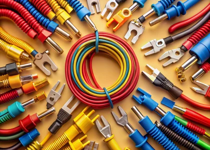 assortment of wire connectors and clamps on neutral background