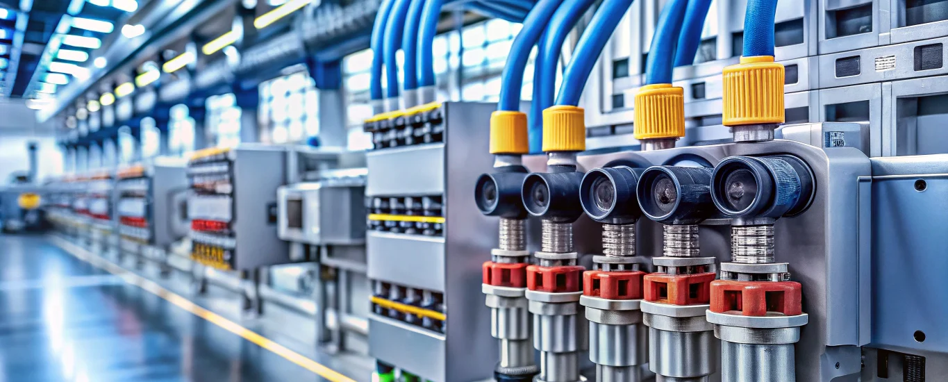 Modern high-performance electrical connectors with insulated casings in an industrial setting emphasizing efficiency and safety