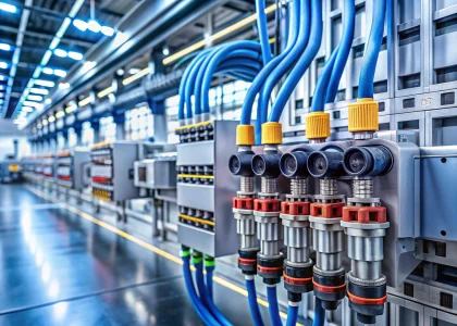 Modern high-performance electrical connectors with insulated casings in an industrial setting emphasizing efficiency and safety