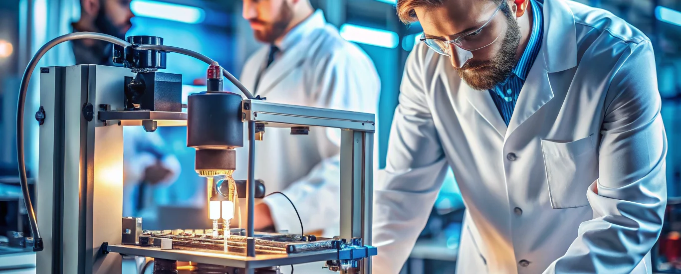 3D printer fabricating a precision electronic connector prototype in a professional lab setting with engineers collaborating in the background.