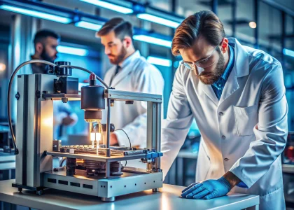 3D printer fabricating a precision electronic connector prototype in a professional lab setting with engineers collaborating in the background.