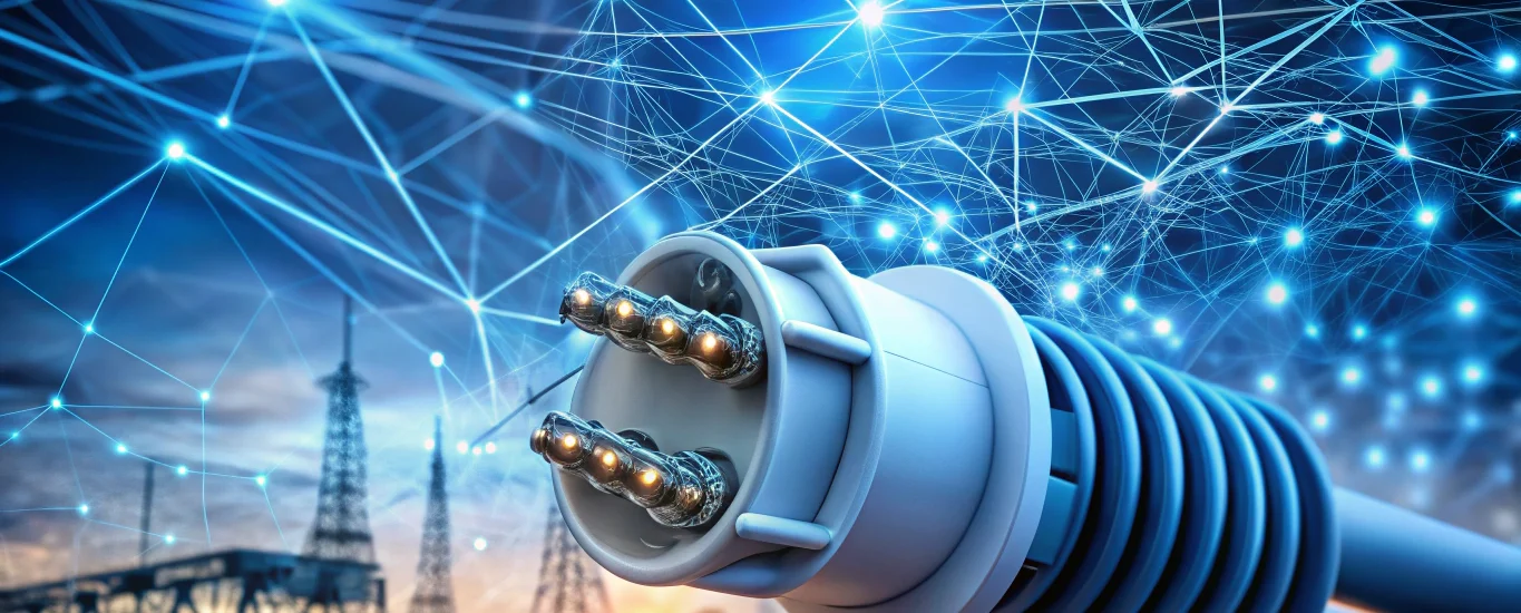 Close-up of IoT-enabled electrical connector with embedded sensors and glowing data overlays in smart infrastructure