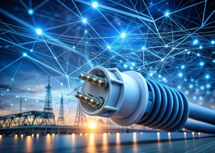 Close-up of IoT-enabled electrical connector with embedded sensors and glowing data overlays in smart infrastructure
