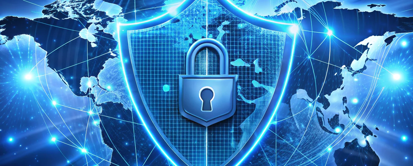 Futuristic shield with digital lock over global network map illustrating VPN security and remote access performance