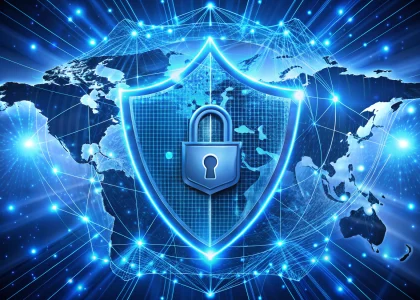 Futuristic shield with digital lock over global network map illustrating VPN security and remote access performance