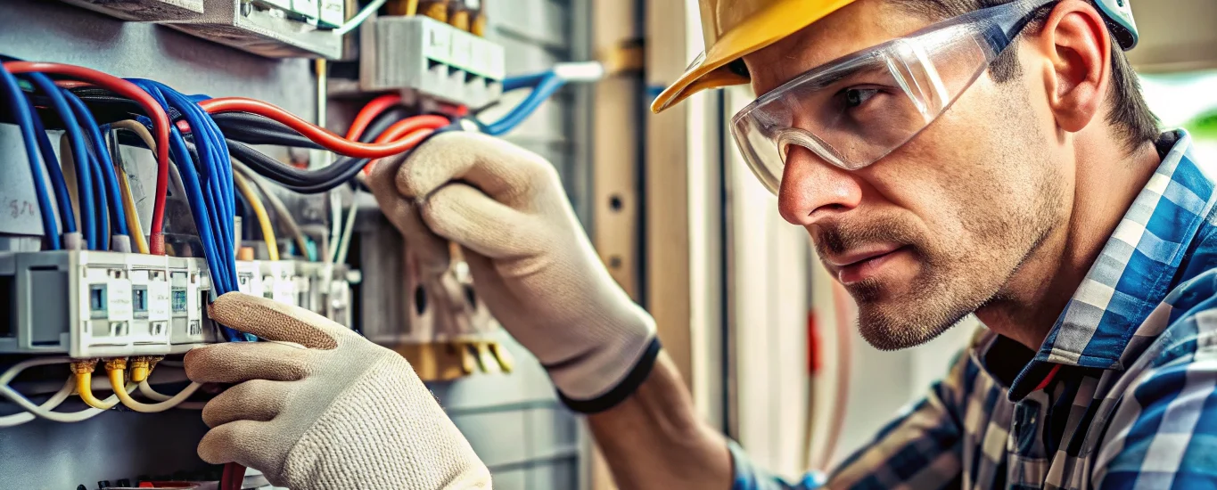 Contractor using electrical connectors on a wiring panel with safety gloves and tools highlighting wire connectors for jobsite efficiency and safety.