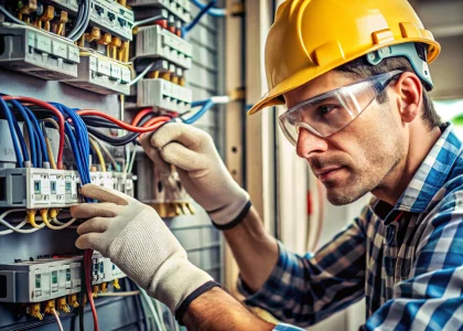 Contractor using electrical connectors on a wiring panel with safety gloves and tools highlighting wire connectors for jobsite efficiency and safety.