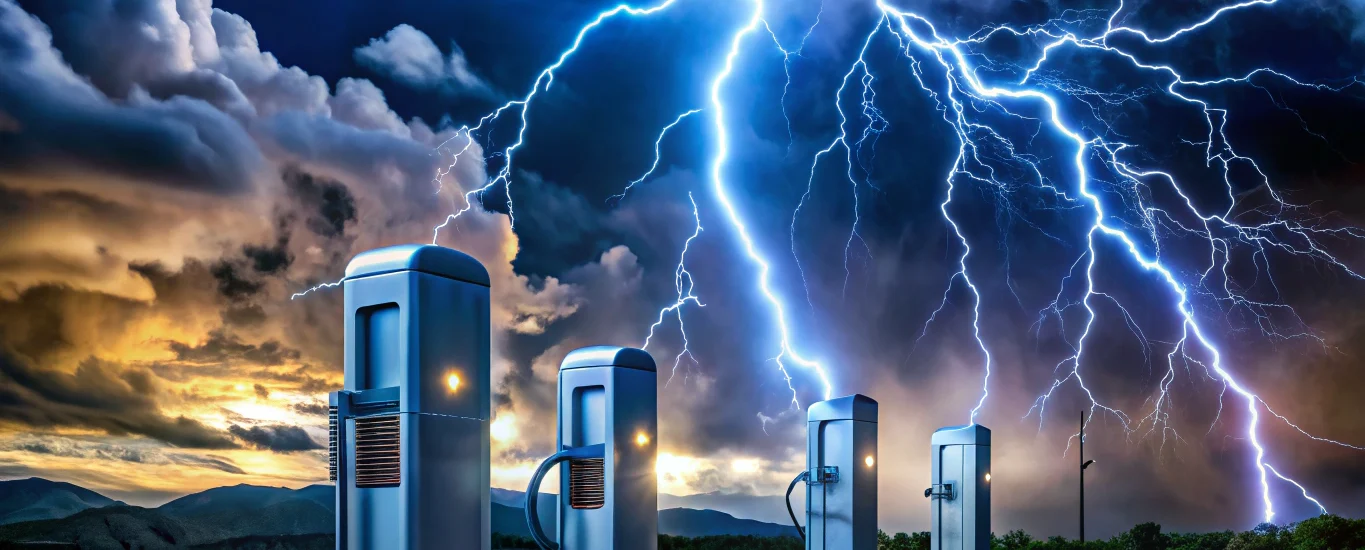 EV charging station with lightning protection devices under a stormy sky with vivid lightning bolts