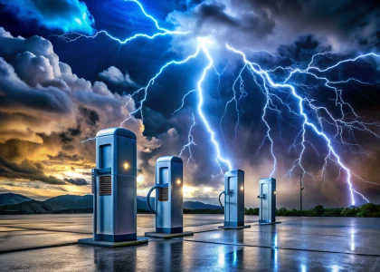 EV charging station with lightning protection devices under a stormy sky with vivid lightning bolts