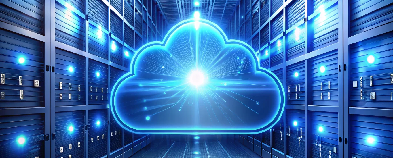High-tech illustration of a stylized cloud icon with network connections and digital infrastructure, visualizing what is cloud computing and cloud computing services.