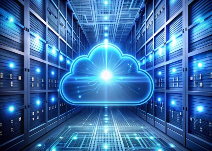 High-tech illustration of a stylized cloud icon with network connections and digital infrastructure, visualizing what is cloud computing and cloud computing services.