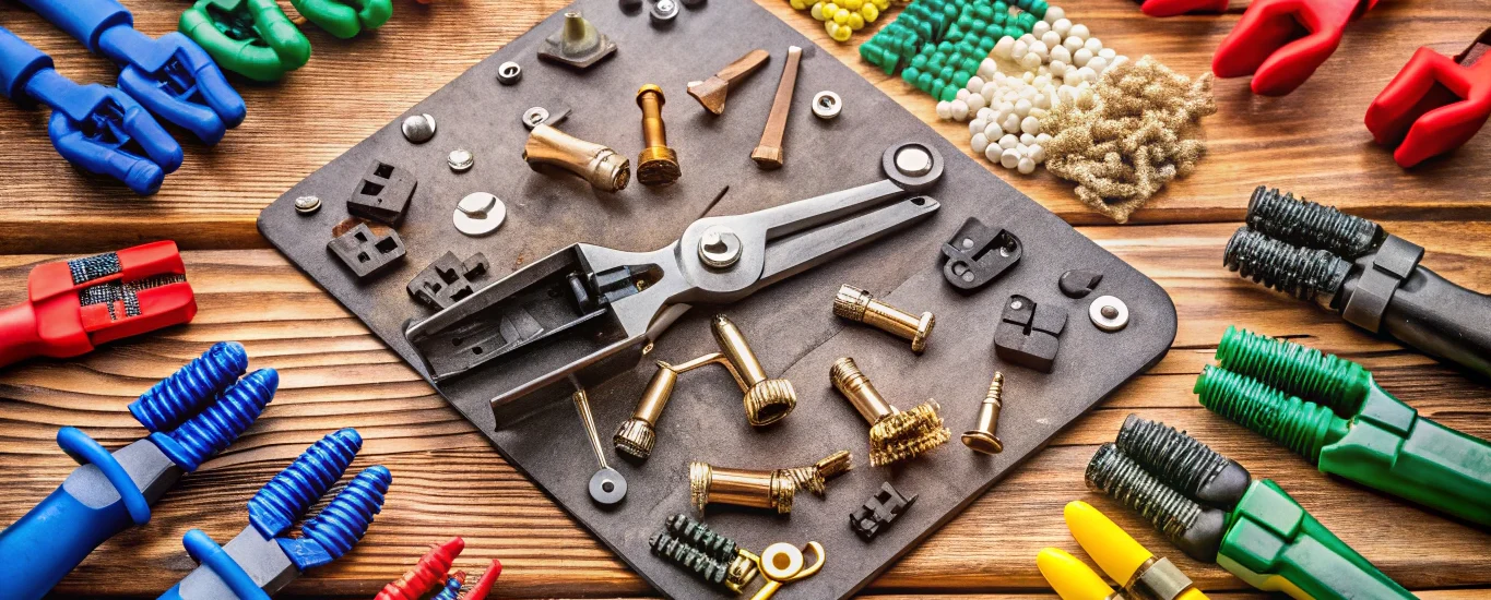 various types of wire connectors and tools neatly arranged on a workbench for electrical wire connectors tutorial