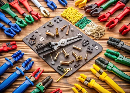 various types of wire connectors and tools neatly arranged on a workbench for electrical wire connectors tutorial