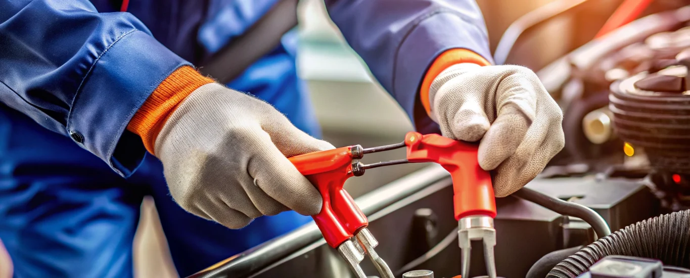 Close-up of technician installing battery cable connectors on car battery terminals for reliable power delivery