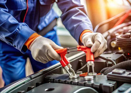 Close-up of technician installing battery cable connectors on car battery terminals for reliable power delivery