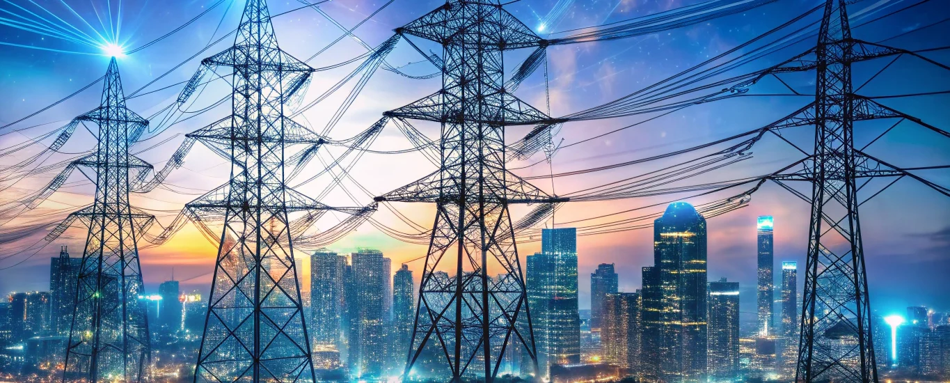 Modern power lines overlaid with glowing data streams and network nodes illustrating smart grid technology