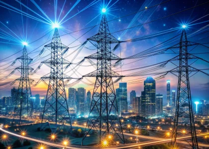 Modern power lines overlaid with glowing data streams and network nodes illustrating smart grid technology