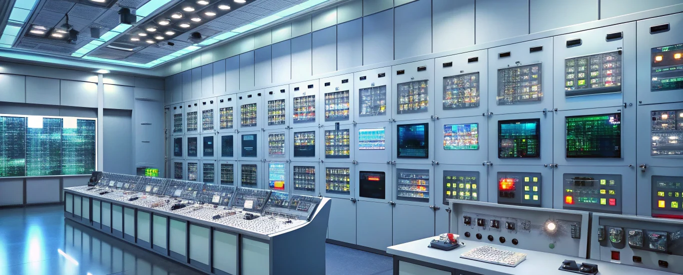 Industrial control room with digital dashboards showing real-time energy monitoring data for enhanced electrical safety in industrial settings.