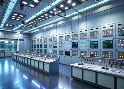 Industrial control room with digital dashboards showing real-time energy monitoring data for enhanced electrical safety in industrial settings.
