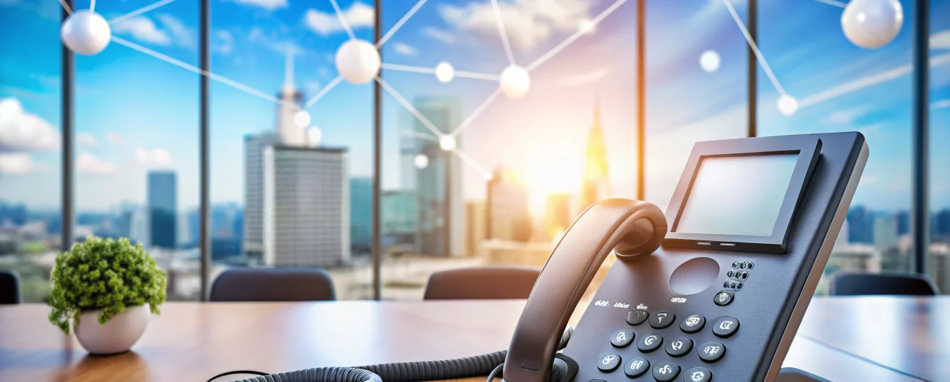 Modern office VoIP phone service with cloud telephony icons and network overlays